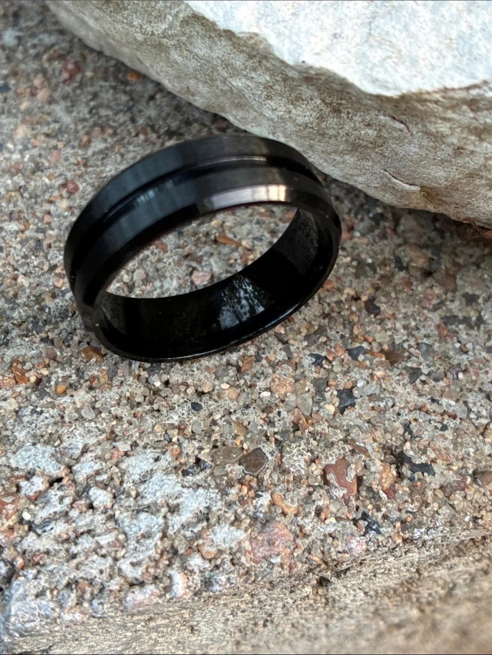 Black Men's Stainless Steel Band Ring - Sleek Two-Groove Design